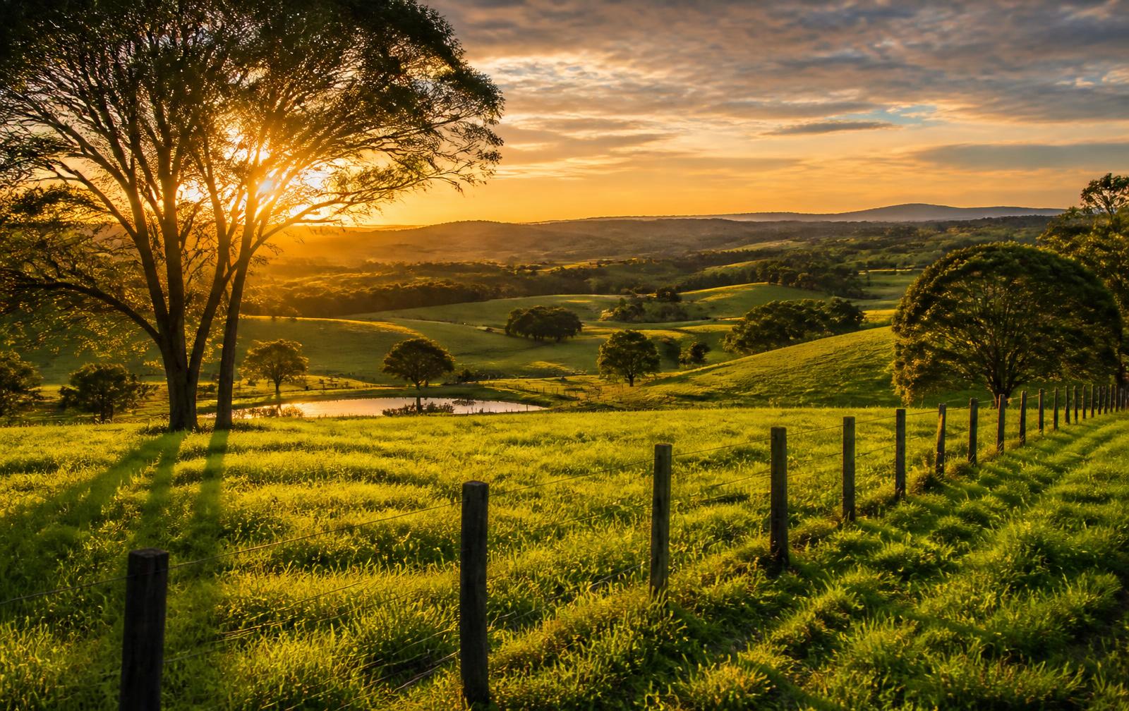 Propriedade rural bem cuidada com pastagem e cerca ao entardecer